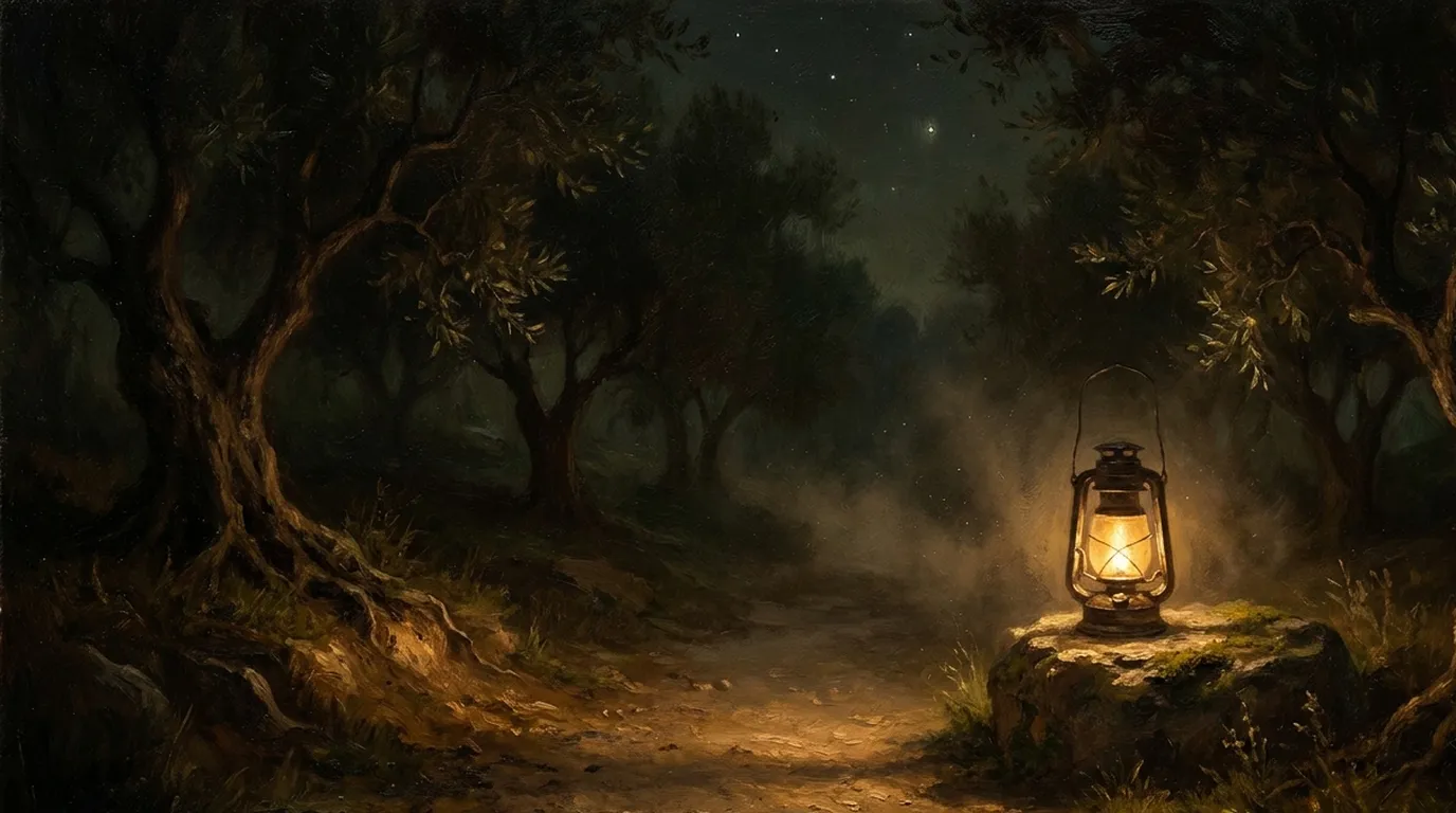 Pintura al óleo: de noche, un farol encendido sobre una piedra ilumina unos pasos de un camino de tierra entre olivos; nadie va por el camino.