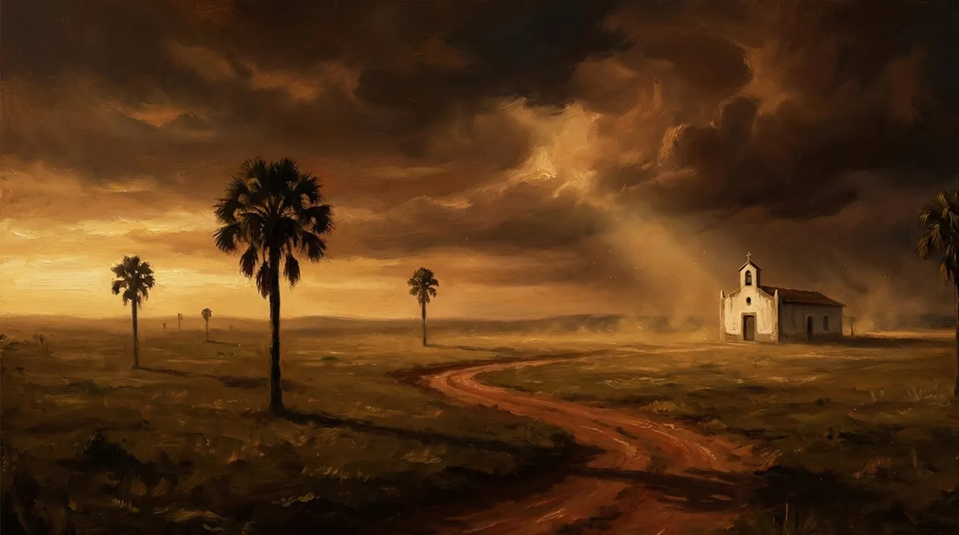 Pintura al óleo: la sabana del Llano colombiano a la hora dorada, con palmas de moriche, un camino de tierra roja y una pequeña capilla encalada a lo lejos.