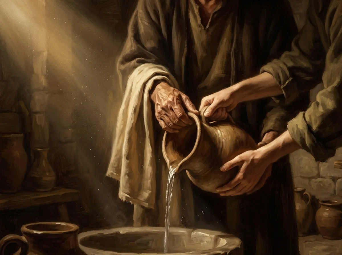 Pintura al óleo: dos pares de manos, unas mayores y otras jóvenes, vierten agua de una jarra de barro en una jofaina; una toalla de lino cuelga de un brazo.