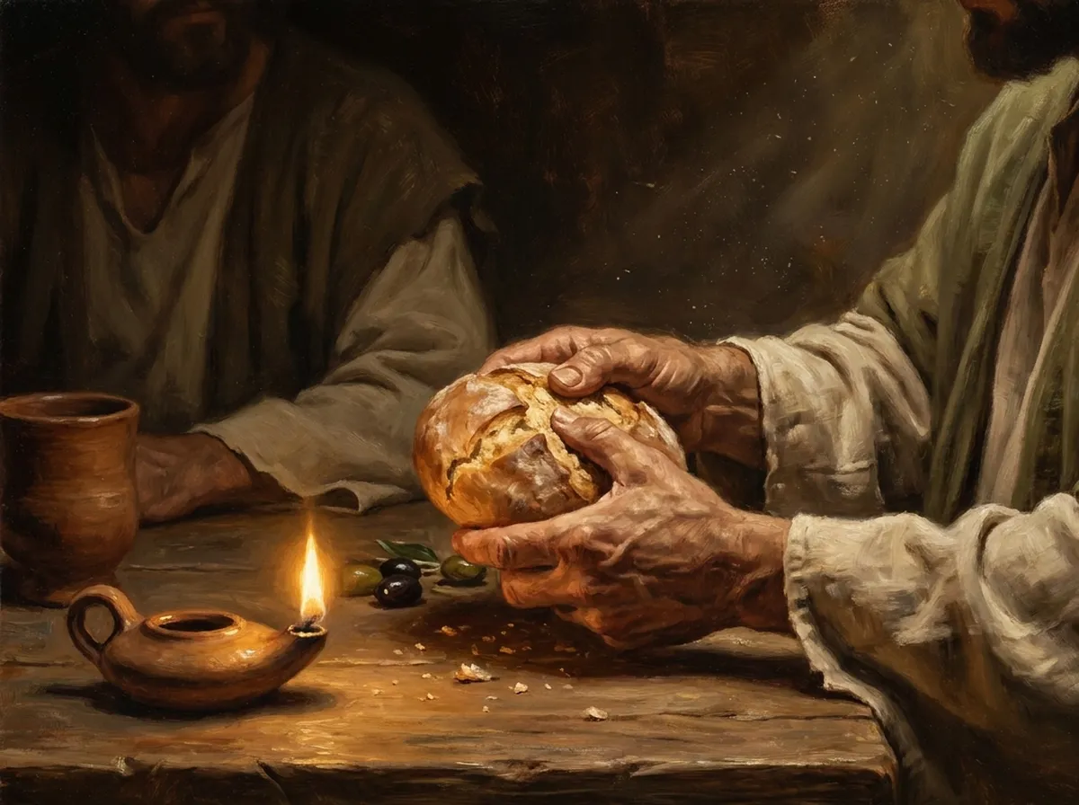 Pintura al óleo: unas manos curtidas parten un pan redondo sobre una mesa de madera; una lámpara de aceite de barro da la única luz.