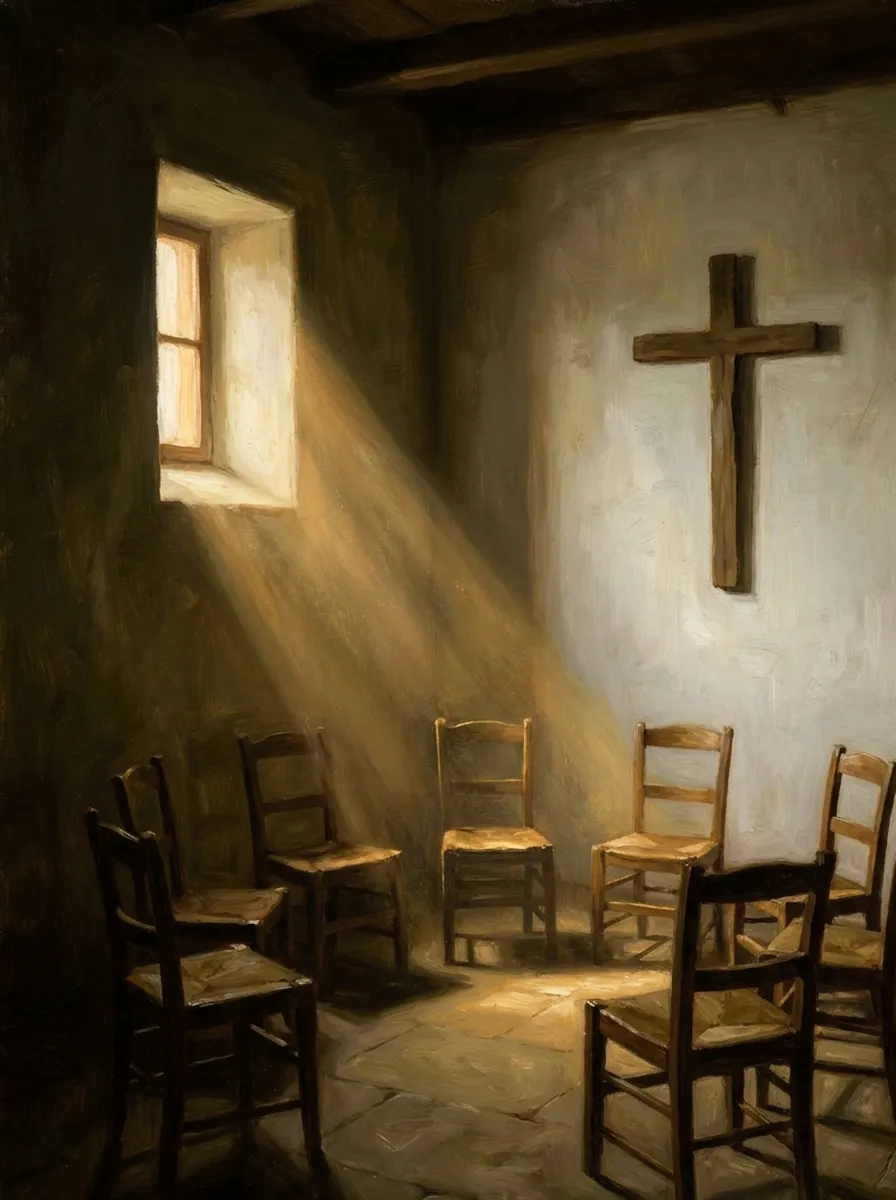 Pintura al óleo: una sala encalada y vacía con sillas de madera en círculo y una cruz de madera en la pared; la luz de la mañana entra por una ventana.